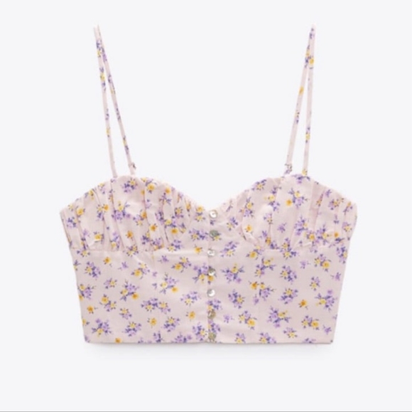 🌞ZARA Floral Print Buttom Up Ruched Back Linen Blend Crop Top - Picture 5 of 8